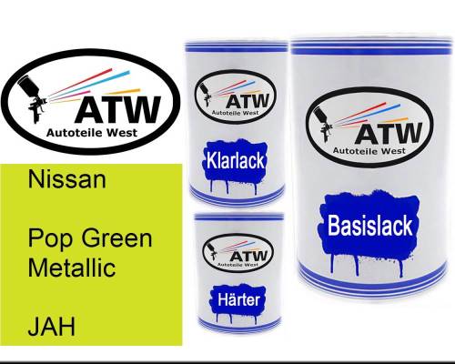 Nissan, Pop Green Metallic, JAH: 500ml Lackdose + 500ml Klarlack + 250ml Härter - Set, von ATW Autoteile West.